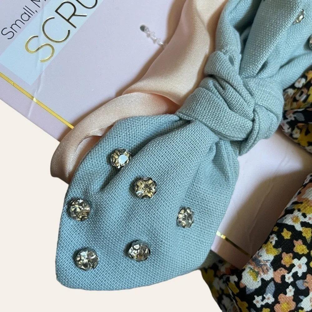 🌺 Boho Floral Satin Scrunchie Set Rhinestone Bow Oversized Hair Accessories NWT